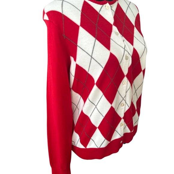 Lands' End Red & White Argyle Button Long Sleeve Cardigan Medium - Picture 2 of 5
